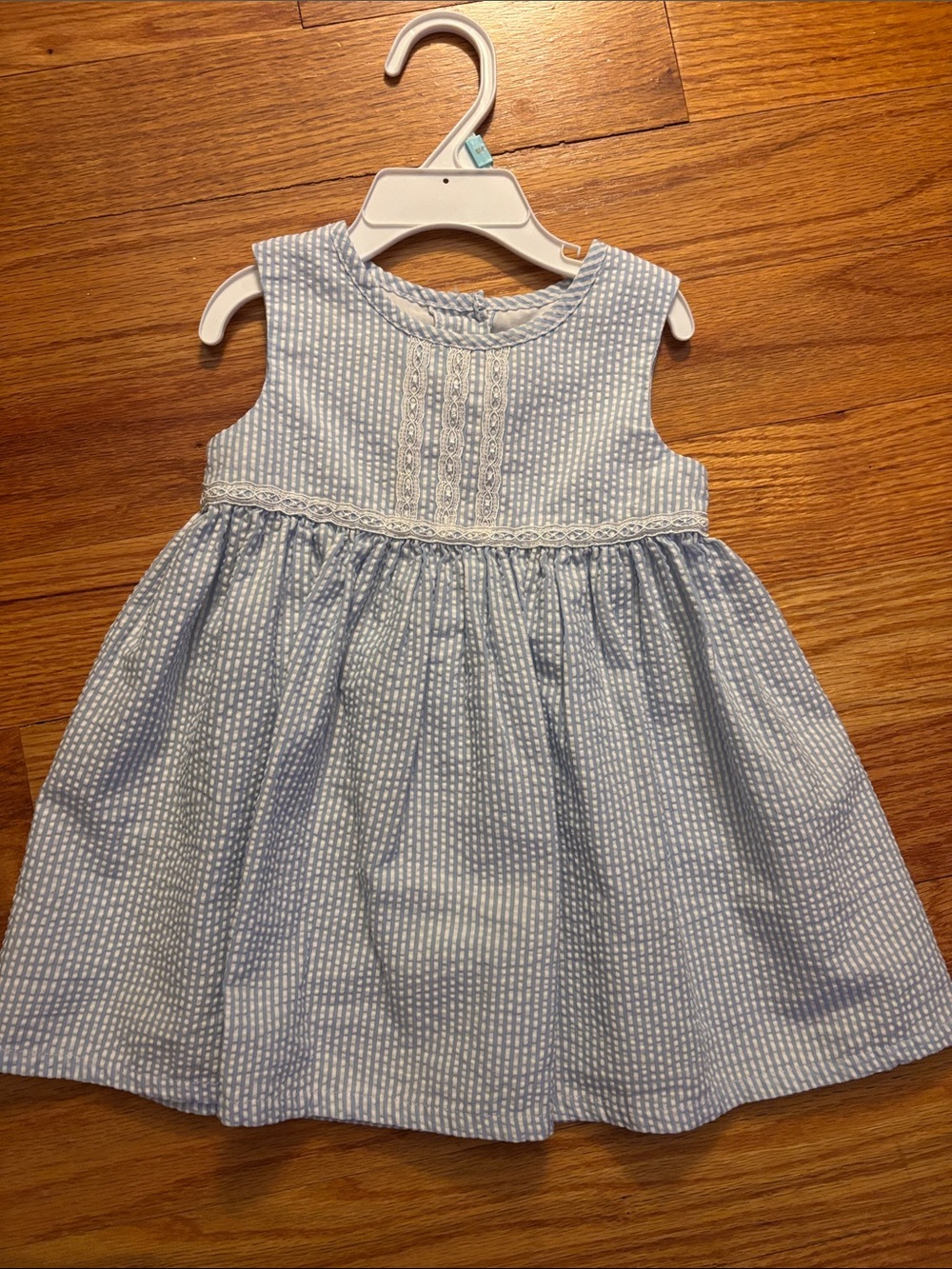 Starting Out Light Blue Seersucker Sleeveless Dress with Lace Trim